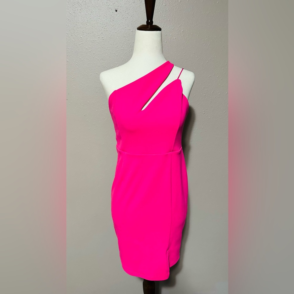 Olia by Lulus Poised to Pink Party Mini Dress One Shoulder Bodycon Hot Pink M.
